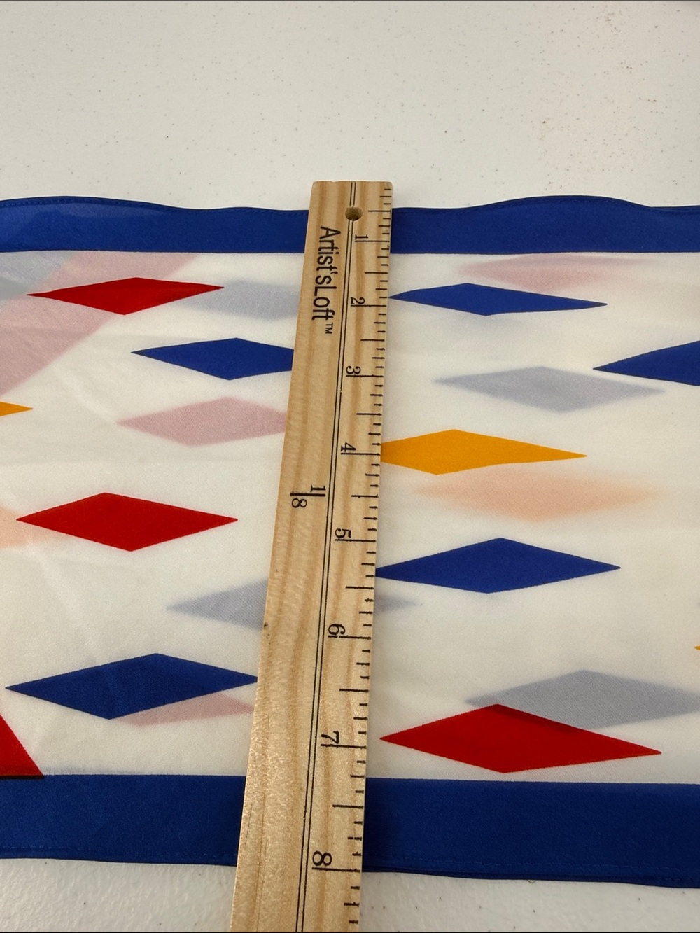 Monique Martin Silk blend Scarf — White with Blue, Red & Yellow Pattern - Picture 4 of 6